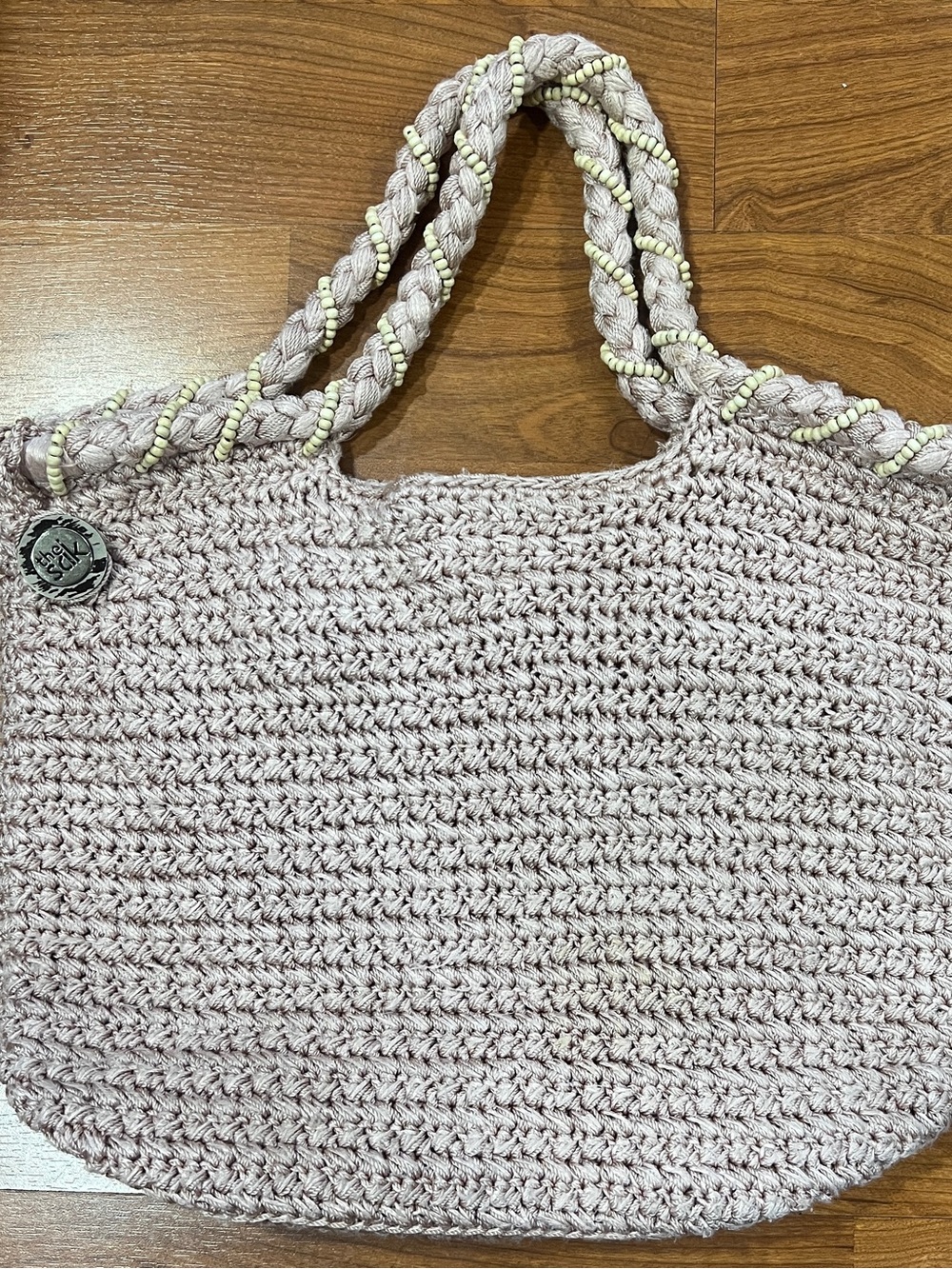 The Sak Vintage Crochet Beaded Shoulder Bag Boho Tote Mauve Beige